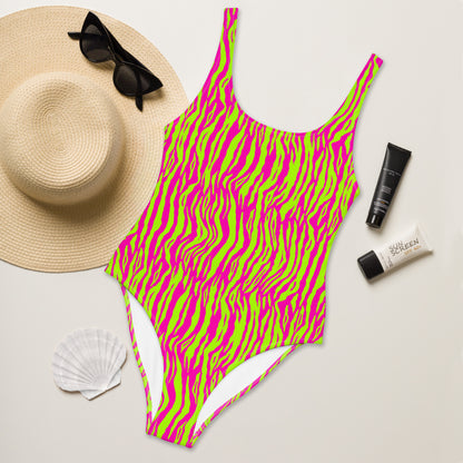 Fuchsia And Green Tiger Animal Print One-Piece Swimsuit