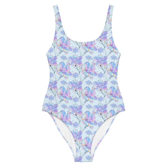 Holographic Blue Hibicus One-Piece Swimsuit