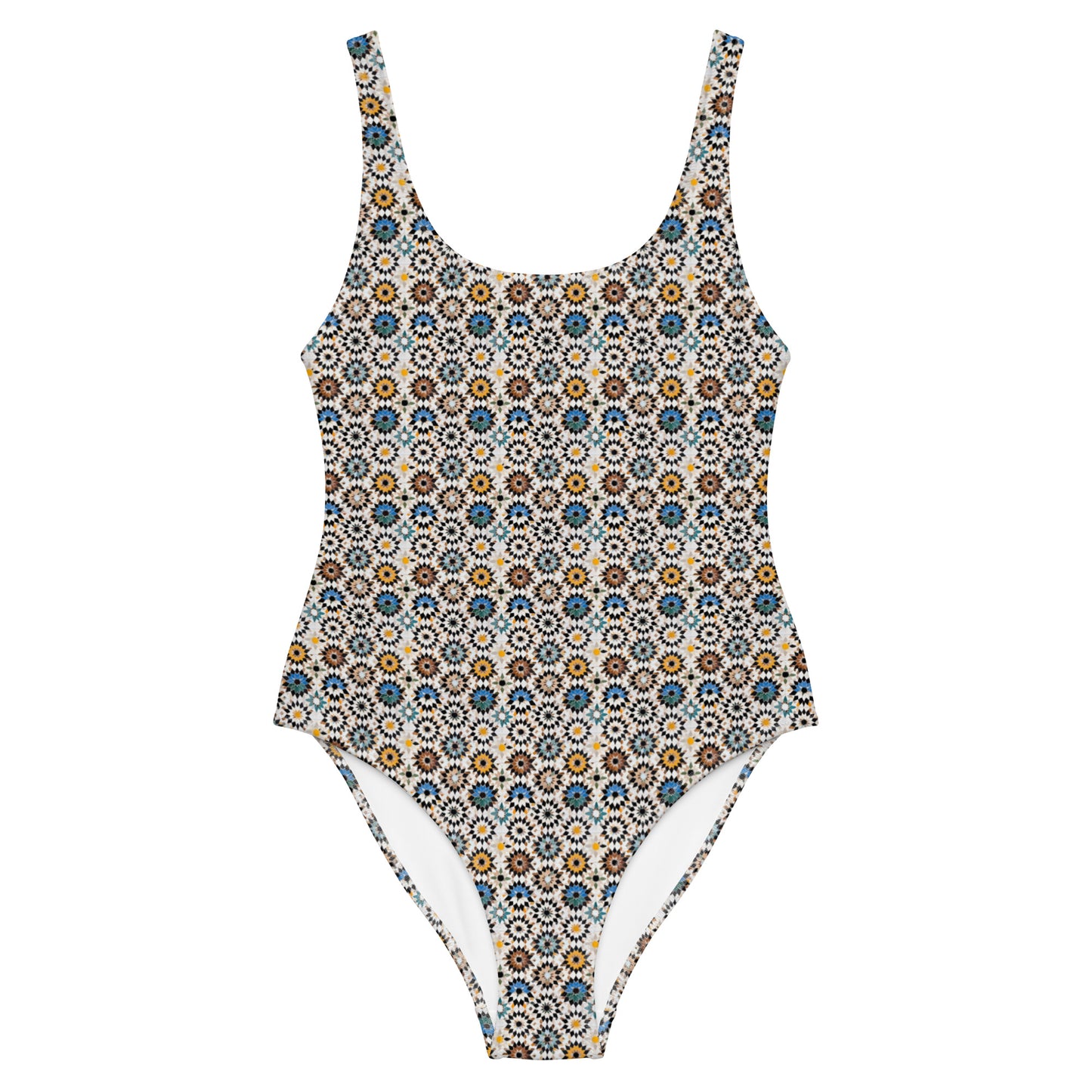 Moroccan Brown and Blue Mosaic Tiles One-Piece Swimsuit