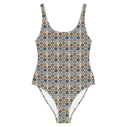 Moroccan Brown and Blue Mosaic Tiles One-Piece Swimsuit