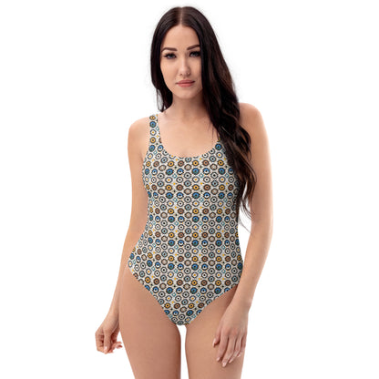 Moroccan Brown and Blue Mosaic Tiles One-Piece Swimsuit