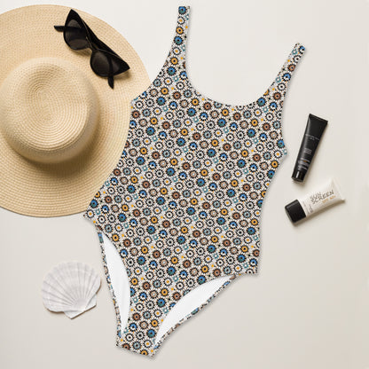 Moroccan Brown and Blue Mosaic Tiles One-Piece Swimsuit