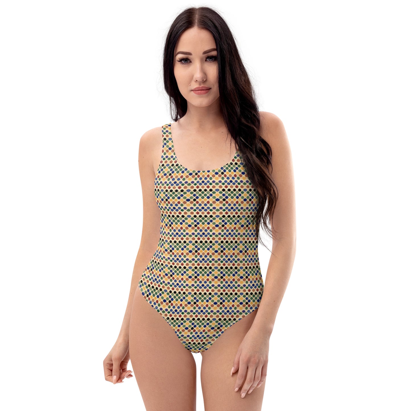 Moroccan Green and Yellow Mosaic Tiles Print One-Piece Swimsuit