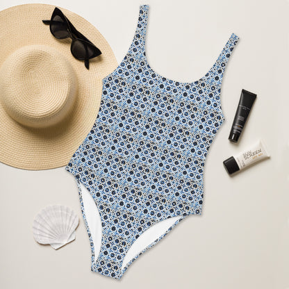 Moroccan Blue Mosaic Tile Print One-Piece Swimsuit