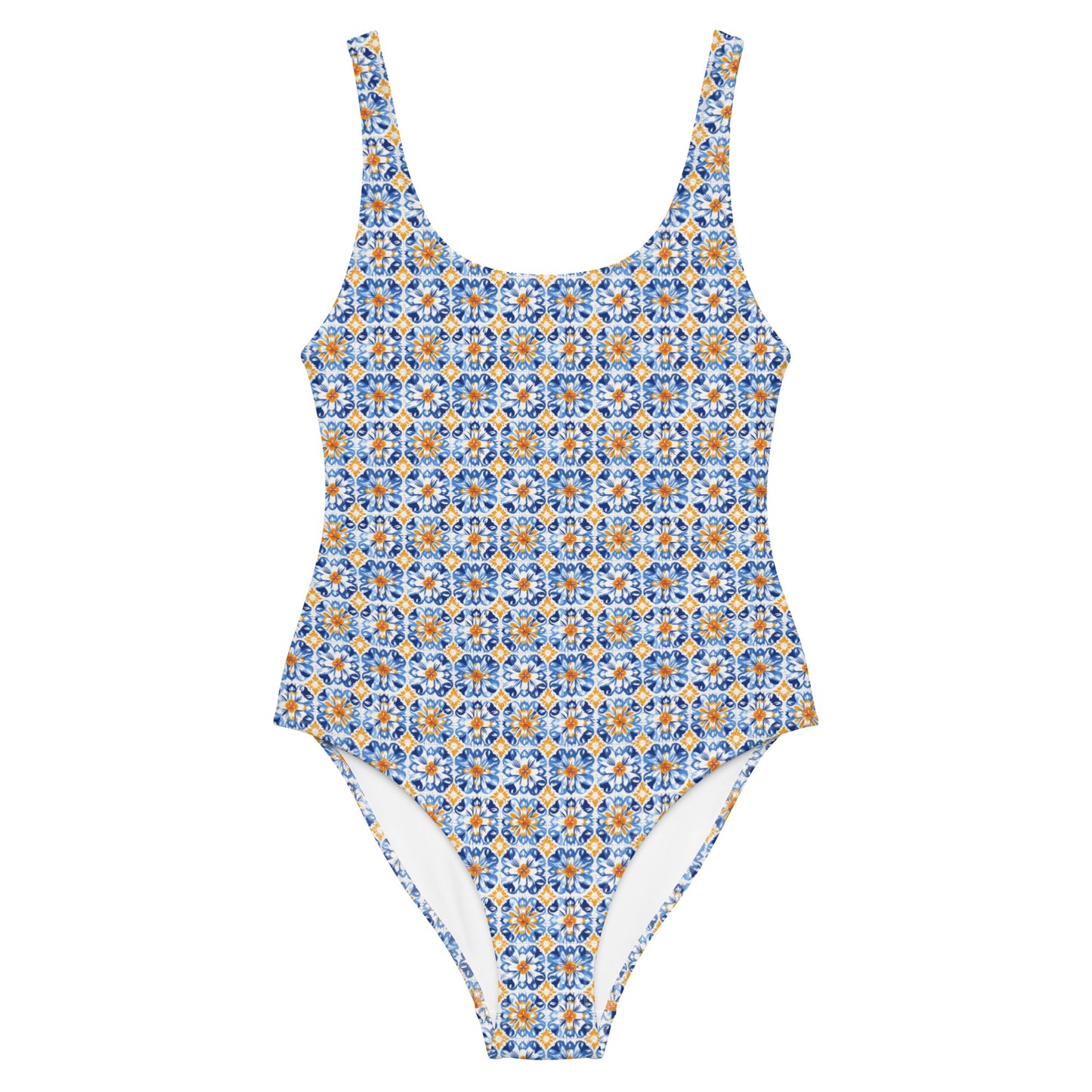 Vintage Portuguese Orange and Blue Tile Print One-Piece Swimsuit