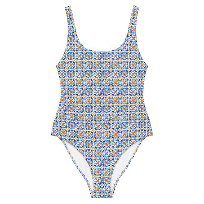 Vintage Portuguese Orange and Blue Tile Print One-Piece Swimsuit