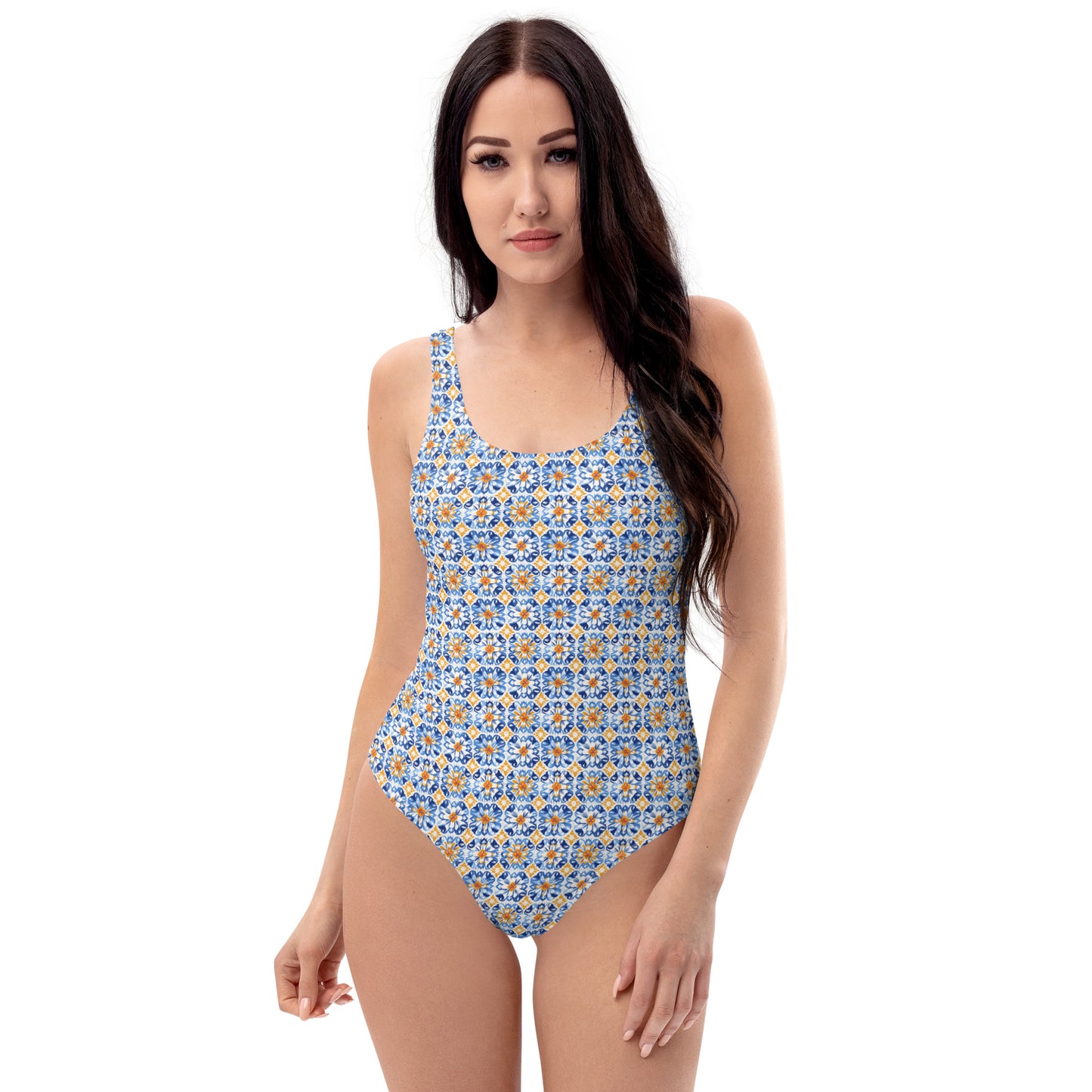 Vintage Portuguese Orange and Blue Tile Print One-Piece Swimsuit