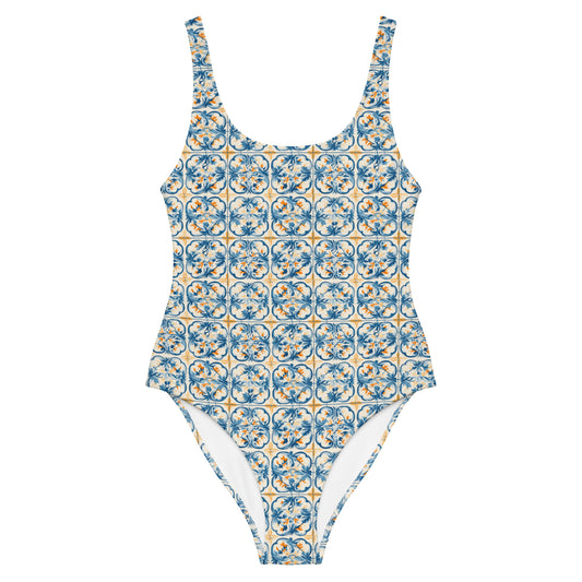 Vintage Portugal Blue and Yellow Mosaic Tile Print One-Piece Swimsuit