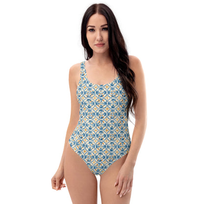 Vintage Portugal Blue and Yellow Mosaic Tile Print One-Piece Swimsuit