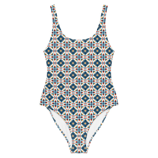 Portuguese Red and Blue Mosaic Tile Print One-Piece Swimsuit