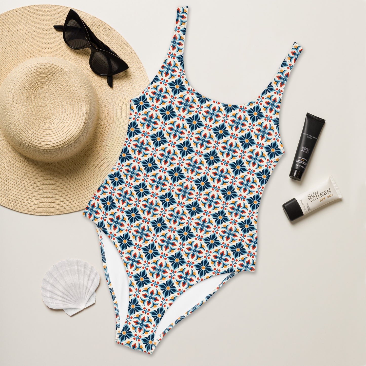 Portuguese Red and Blue Mosaic Tile Print One-Piece Swimsuit