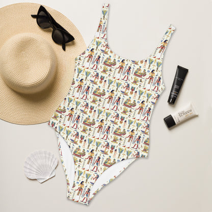 Egyptian Beige and Red Print One-Piece Swimsuit