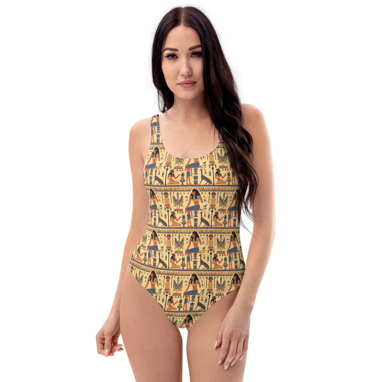 Egyptian Biege and Blue Print One-Piece Swimsuit