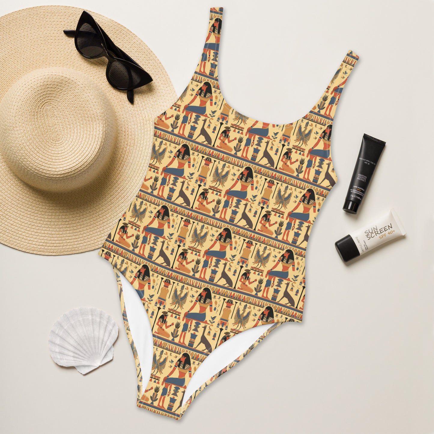 Egyptian Biege and Blue Print One-Piece Swimsuit