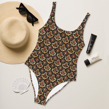 Jainism Red and Yellow Print One-Piece Swimsuit