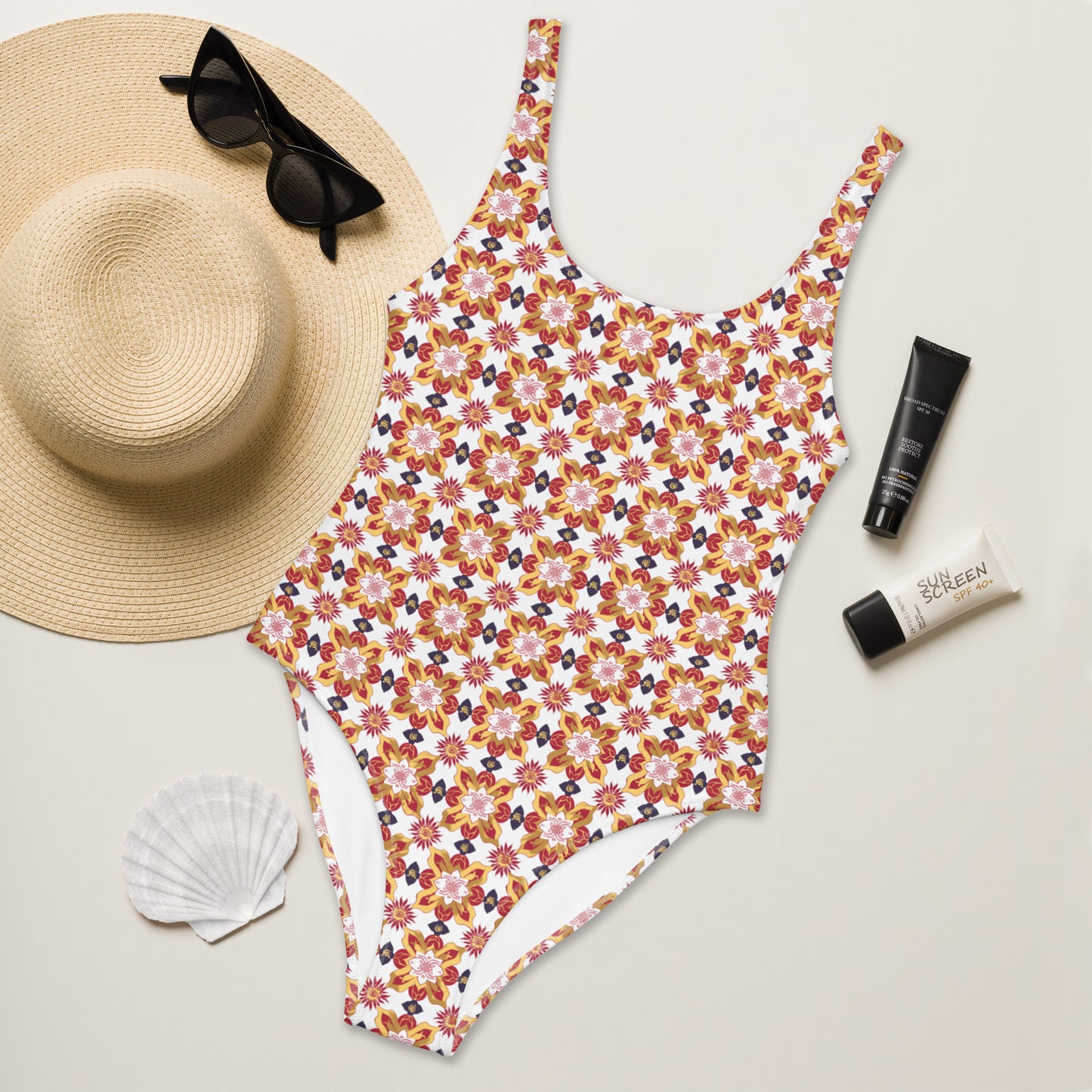 Jainism White and Red Print One-Piece Swimsuit