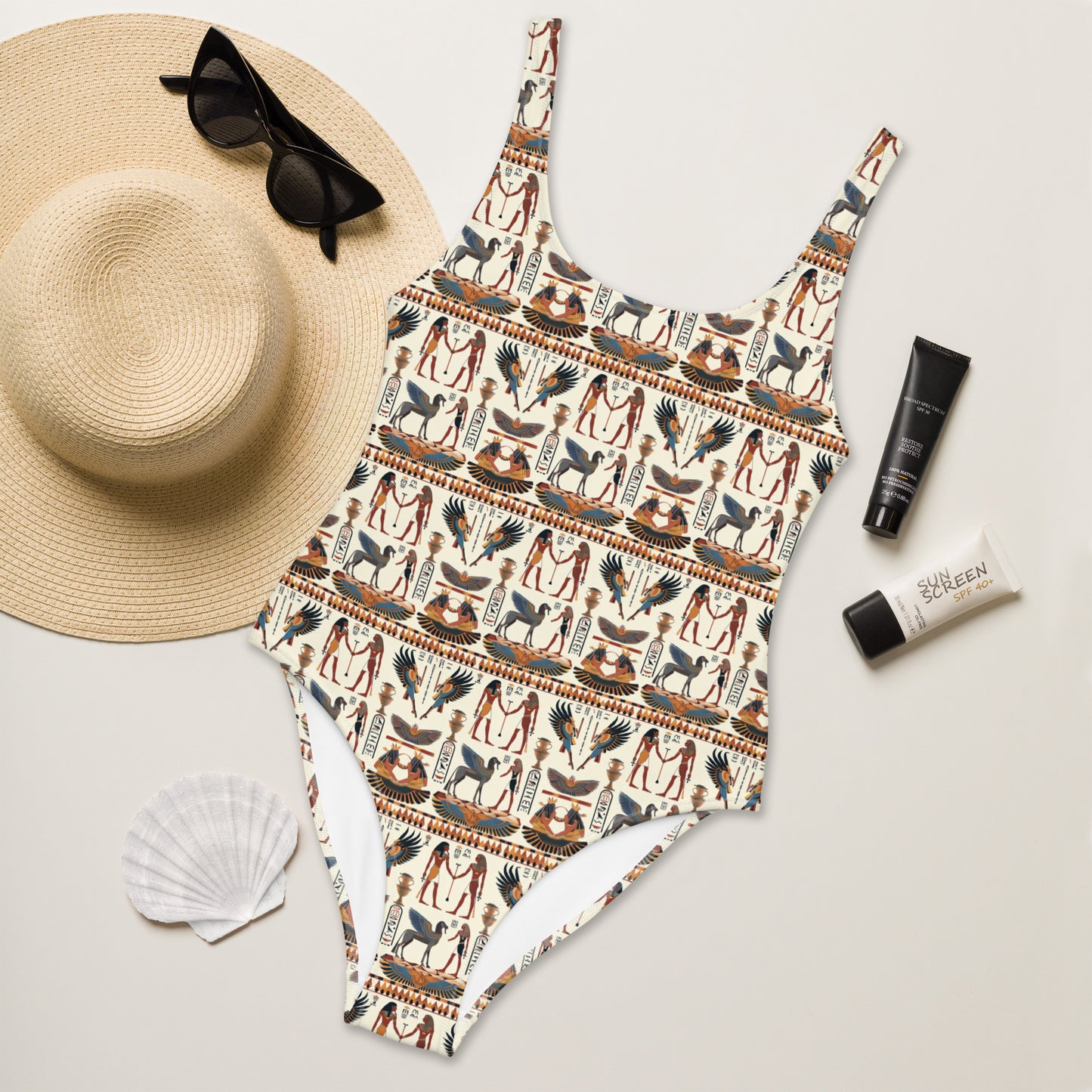 Egyptian Beige and Brown Print One-Piece Swimsuit