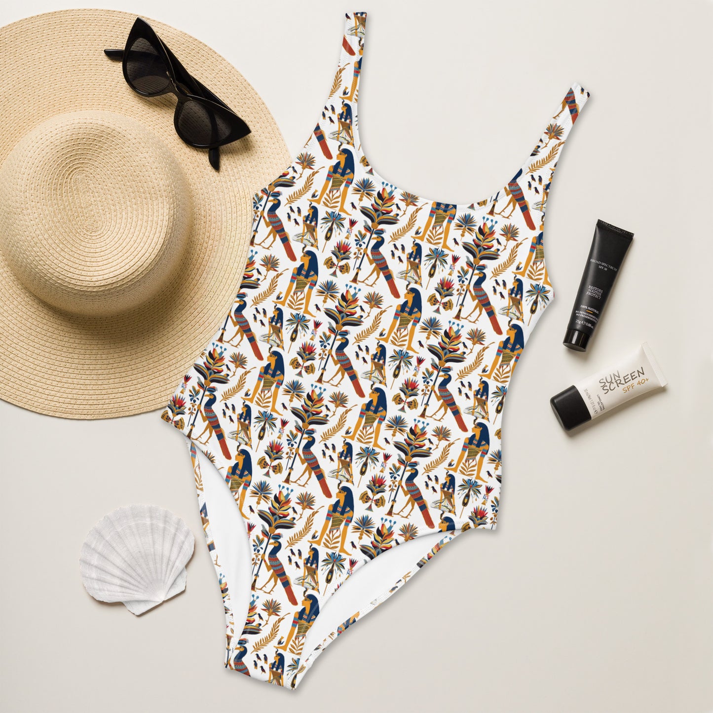 Egyptian White and Yellow Print One-Piece Swimsuit