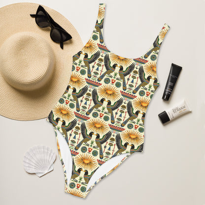 Egyptian Gemini Birds Print One-Piece Swimsuit