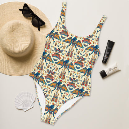 Egyptian Blue God Print One-Piece Swimsuit