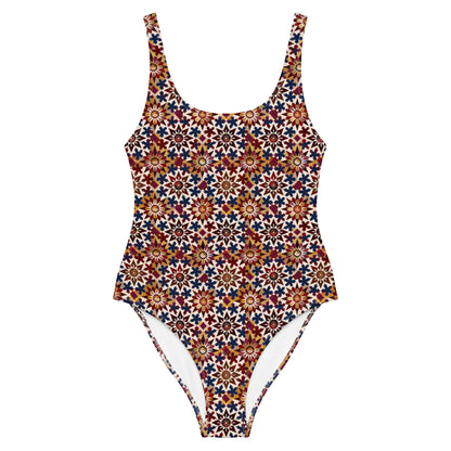 Moroccan Burgundy Tile Print One-Piece Swimsuit