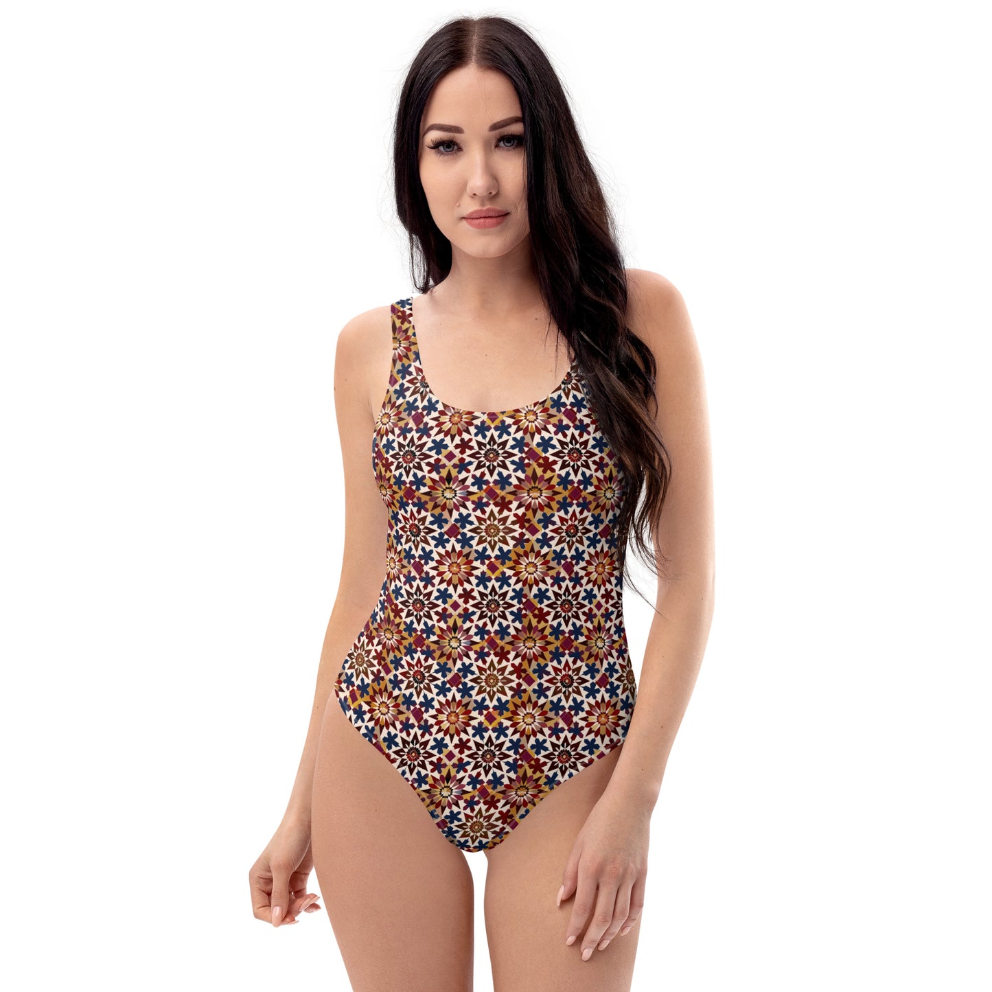 Moroccan Burgundy Tile Print One-Piece Swimsuit