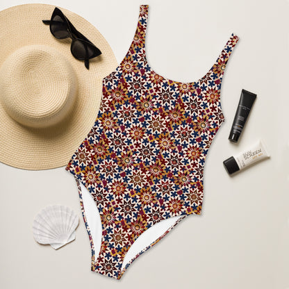 Moroccan Burgundy Tile Print One-Piece Swimsuit