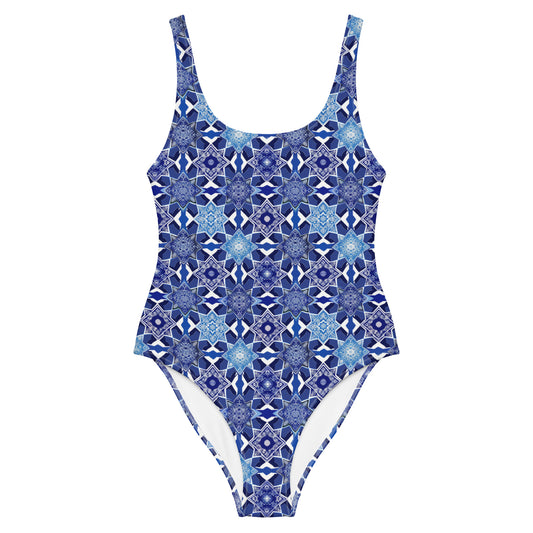 Moroccan White And Blue Tile Print One-Piece Swimsuit