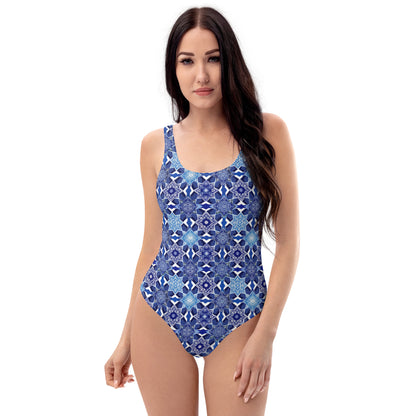 Moroccan White And Blue Tile Print One-Piece Swimsuit