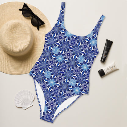 Moroccan White And Blue Tile Print One-Piece Swimsuit