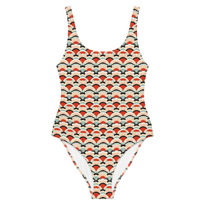 Japanese Red and Turquoise Print One-Piece Swimsuit