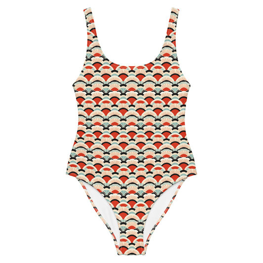 Japanese Red and Turquoise Print One-Piece Swimsuit