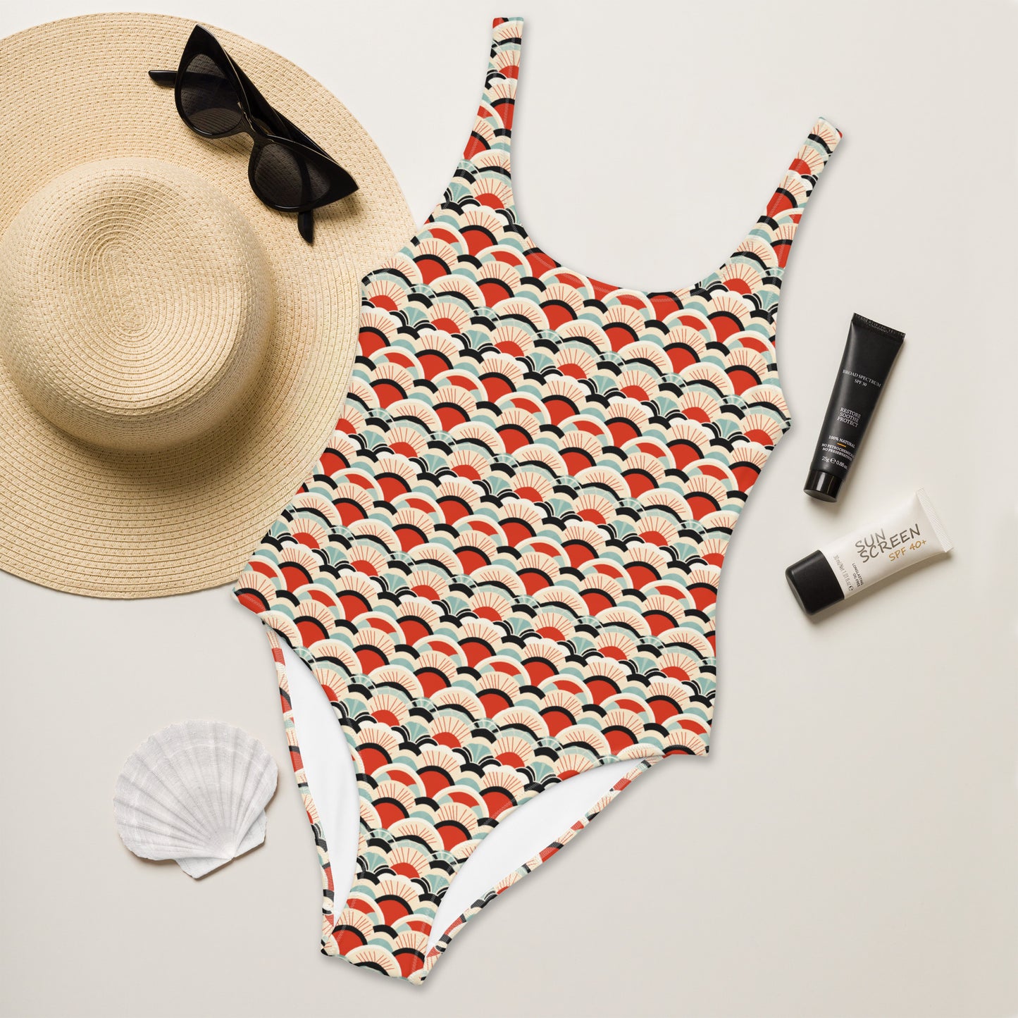 Japanese Red and Turquoise Print One-Piece Swimsuit