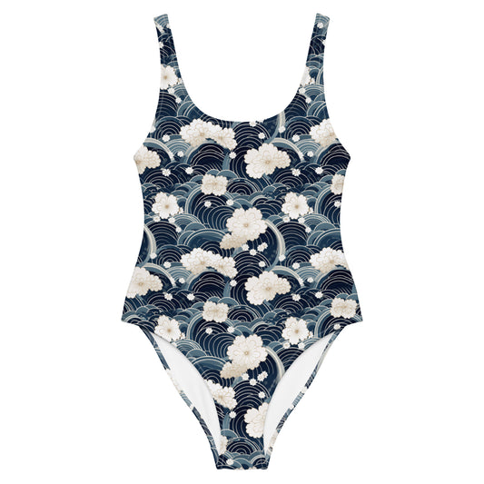 Japanese White And Blue Cloud Print One-Piece Swimsuit