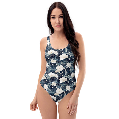 Japanese White And Blue Cloud Print One-Piece Swimsuit