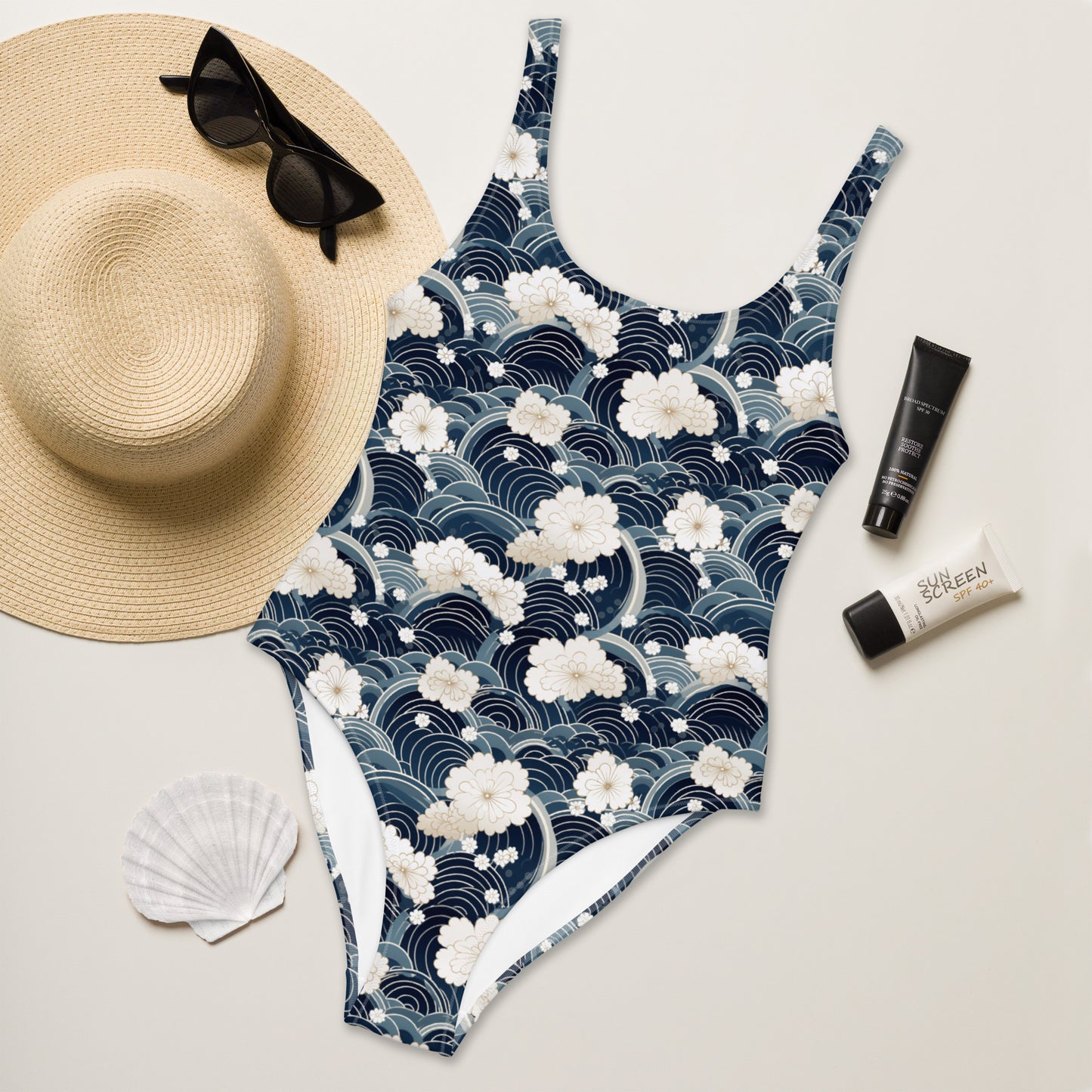 Japanese White And Blue Cloud Print One-Piece Swimsuit