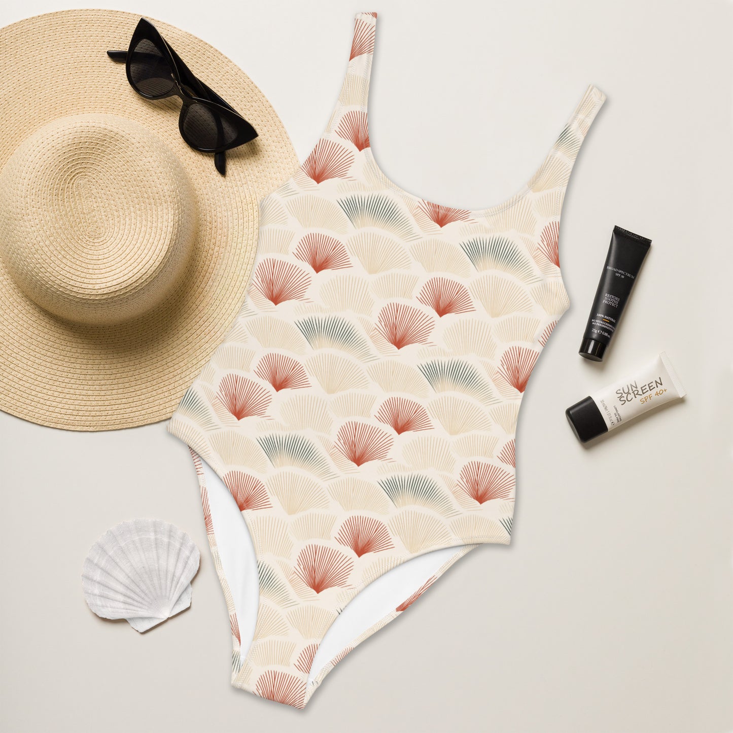 Japanese Red and Beige Fish Skin Print One-Piece Swimsuit