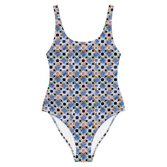 Moroccan Blue Tiles Print One-Piece Swimsuit