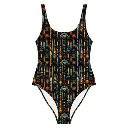 Native American Black And Yellow Print One-Piece Swimsuit