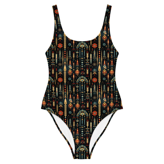 Native American Black And Yellow Print One-Piece Swimsuit