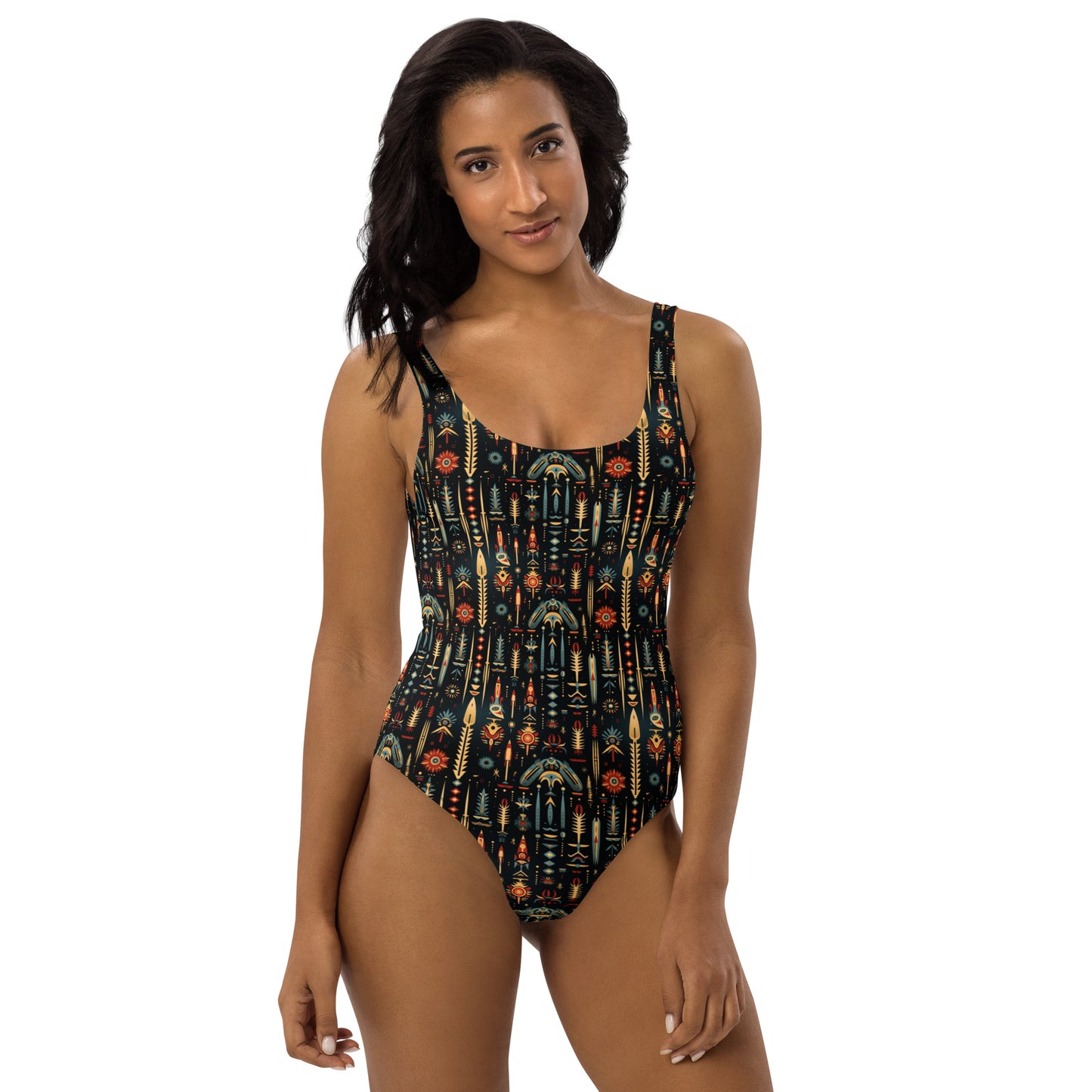 Native American Black And Yellow Print One-Piece Swimsuit