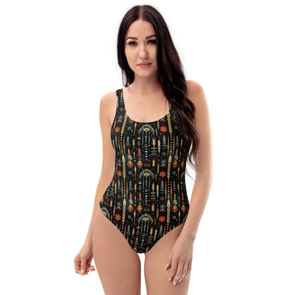 Native American Black And Yellow Print One-Piece Swimsuit