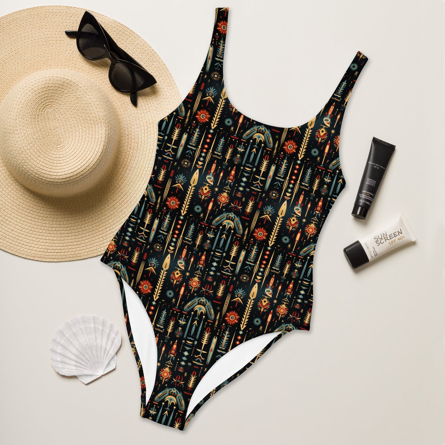 Native American Black And Yellow Print One-Piece Swimsuit