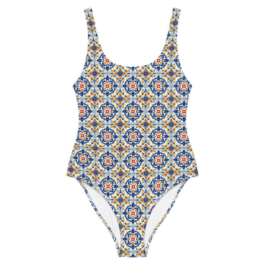 Portugal Blue And Yellow Mosaic Tile Print One-Piece Swimsuit