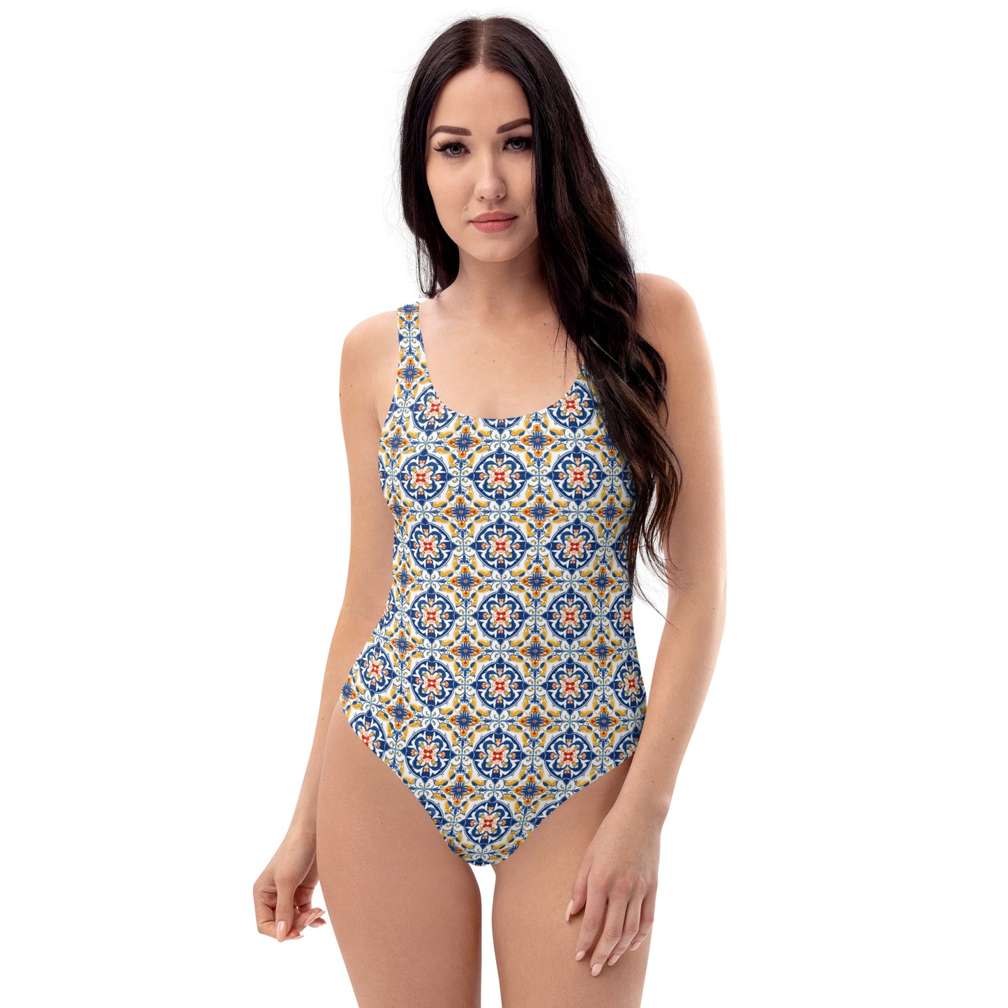 Portugal Blue And Yellow Mosaic Tile Print One-Piece Swimsuit