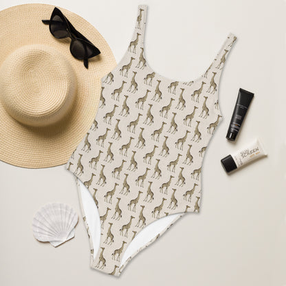 African Beige Giraffe Print One-Piece Swimsuit