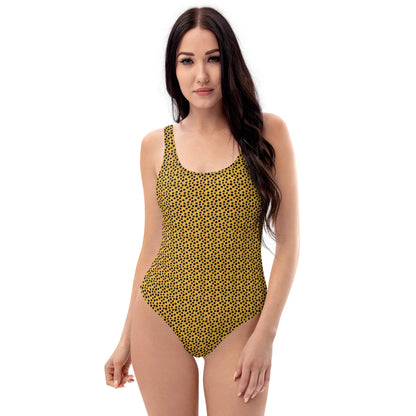 Black And Yellow Dot Fur Animal Print One-Piece Swimsuit