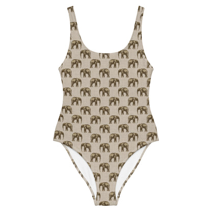 African Beige Elephant Print One-Piece Swimsuit