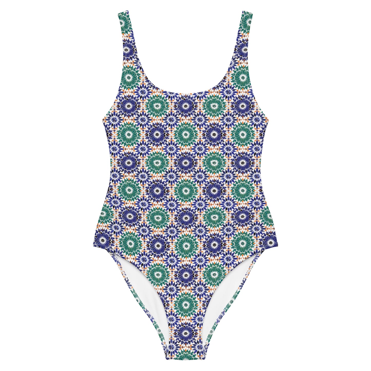 Moroccan Blue and Green Tiles Print One-Piece Swimsuit