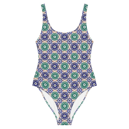 Moroccan Blue and Green Tiles Print One-Piece Swimsuit